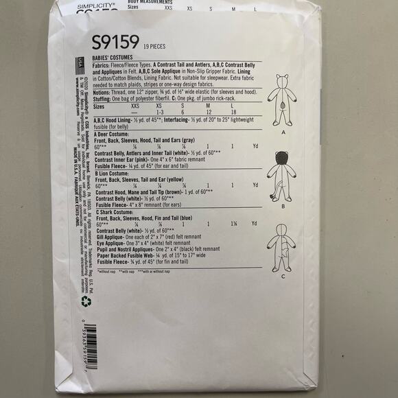 Simplicity Sewing Pattern S9159 Animal Costume Deer Shark Lion Baby Toddler 0-18 - Picture 2 of 5